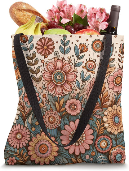Retro Flowers Meadow Floral Groovy 70s Peach Pink Tote Bag