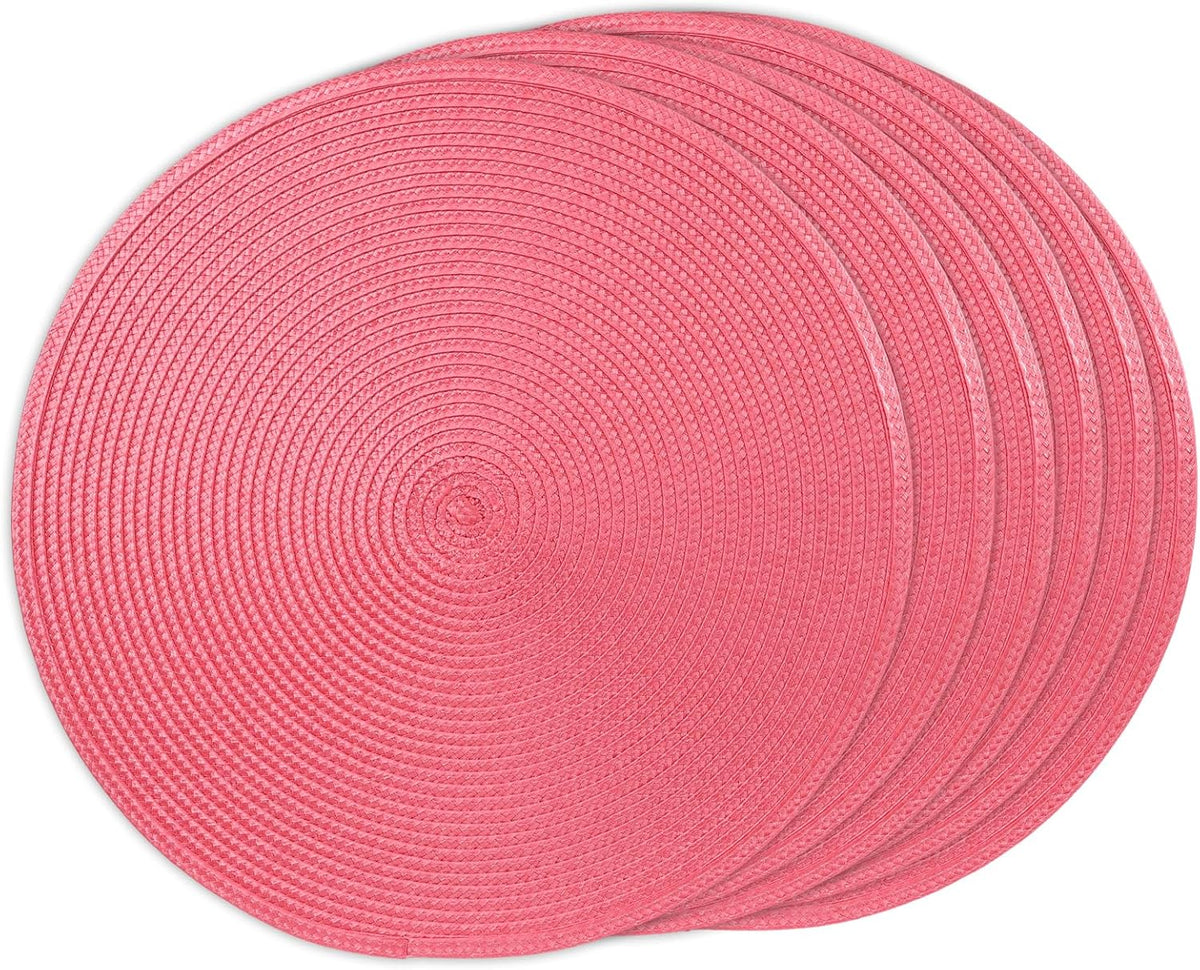 14.96 Inch Round Woven Placemats Set of 6, Natural Heat Resistant Washable Non-Slip Table Mats in Pink