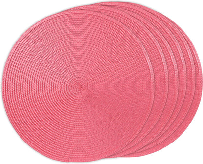 14.96 Inch Round Woven Placemats Set of 6, Natural Heat Resistant Washable Non-Slip Table Mats in Pink
