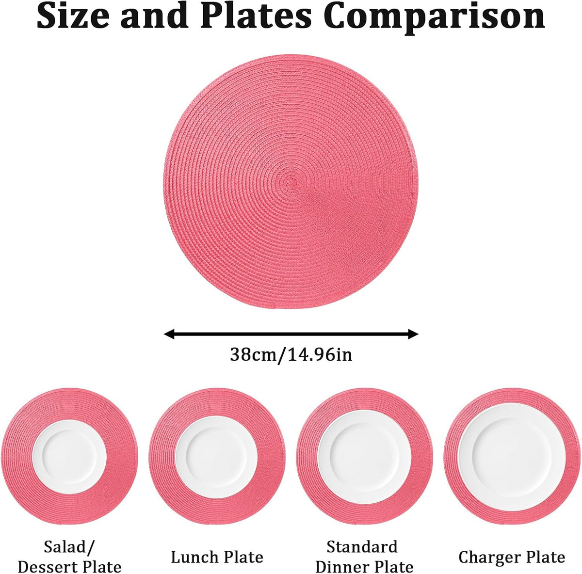 14.96 Inch Round Woven Placemats Set of 6, Natural Heat Resistant Washable Non-Slip Table Mats in Pink