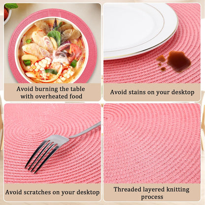 14.96 Inch Round Woven Placemats Set of 6, Natural Heat Resistant Washable Non-Slip Table Mats in Pink