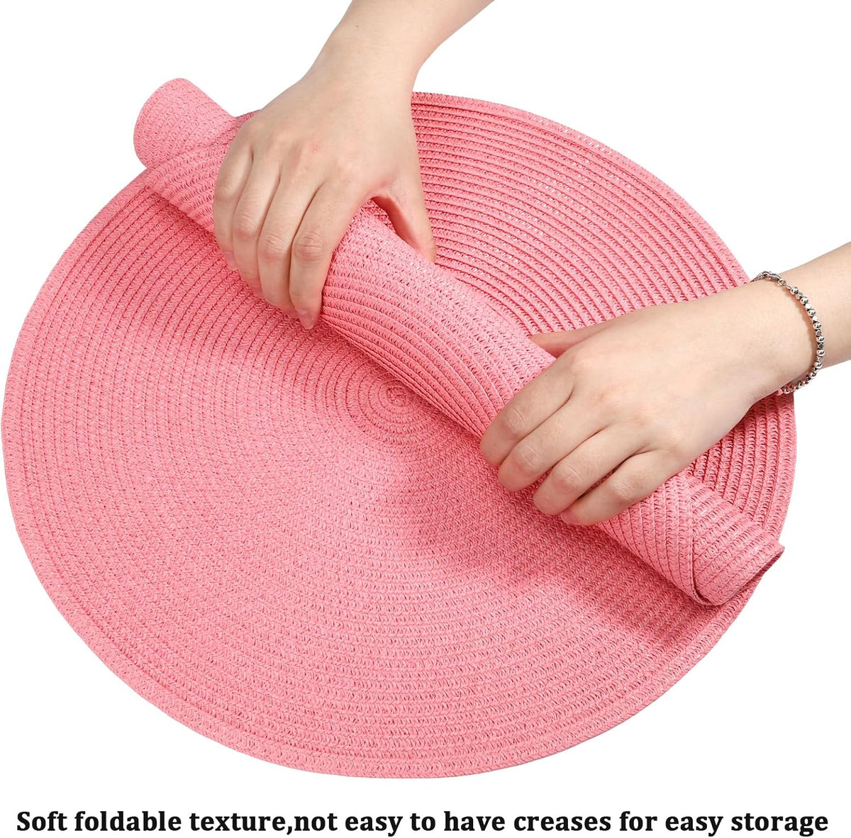 14.96 Inch Round Woven Placemats Set of 6, Natural Heat Resistant Washable Non-Slip Table Mats in Pink