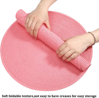 14.96 Inch Round Woven Placemats Set of 6, Natural Heat Resistant Washable Non-Slip Table Mats in Pink