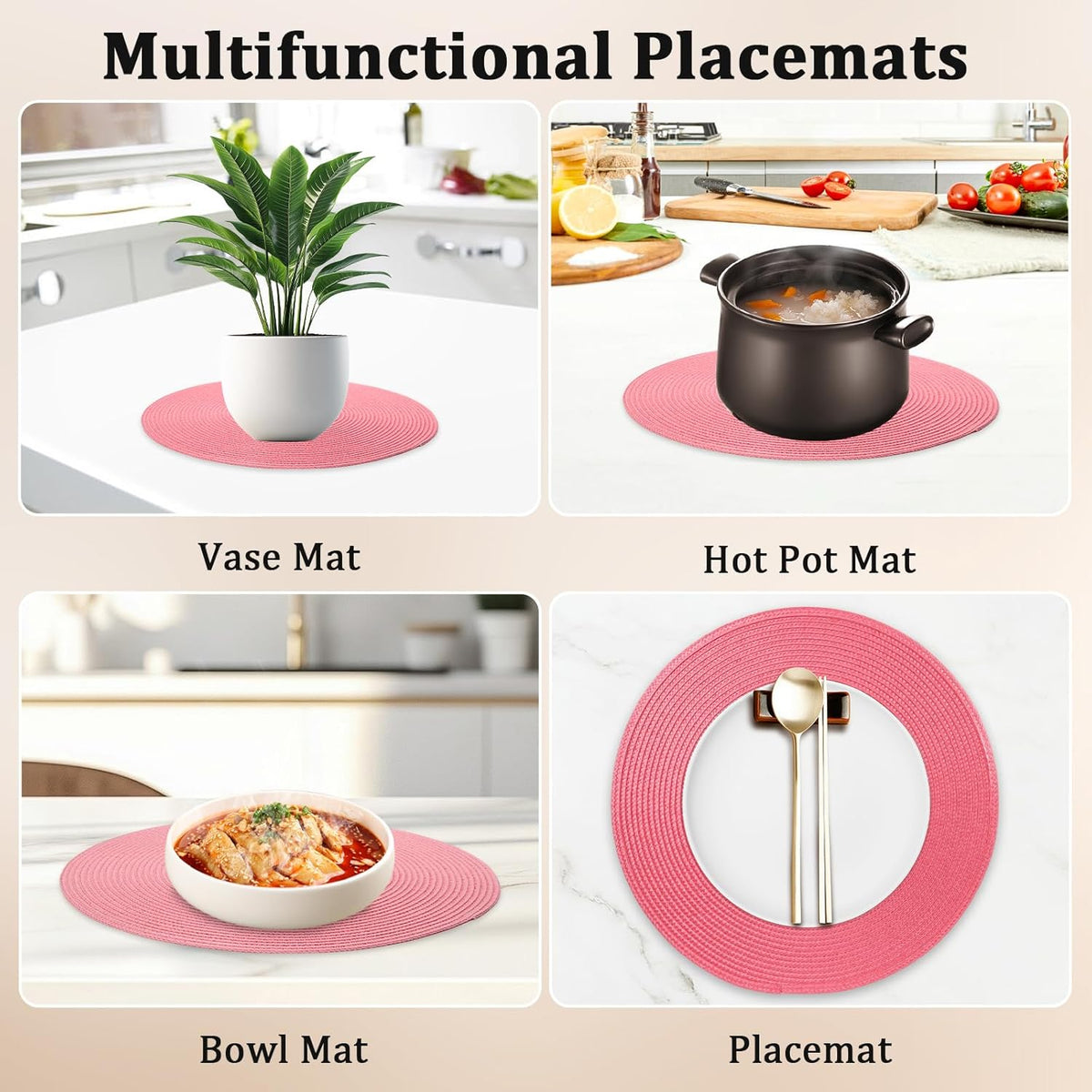14.96 Inch Round Woven Placemats Set of 6, Natural Heat Resistant Washable Non-Slip Table Mats in Pink