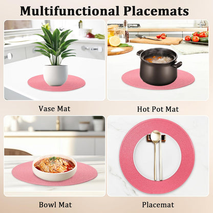 14.96 Inch Round Woven Placemats Set of 6, Natural Heat Resistant Washable Non-Slip Table Mats in Pink