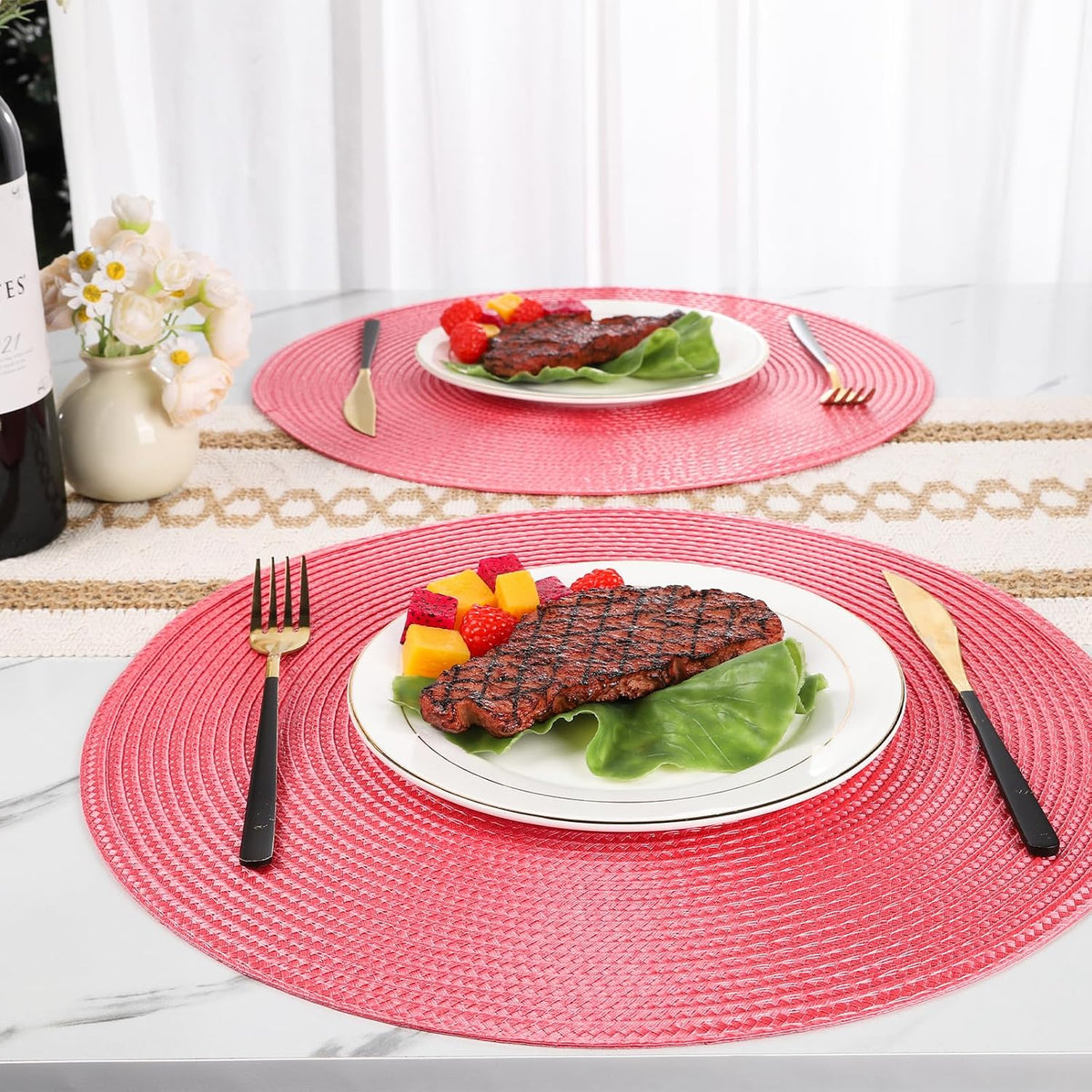 14.96 Inch Round Woven Placemats Set of 6, Natural Heat Resistant Washable Non-Slip Table Mats in Pink