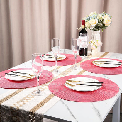 14.96 Inch Round Woven Placemats Set of 6, Natural Heat Resistant Washable Non-Slip Table Mats in Pink