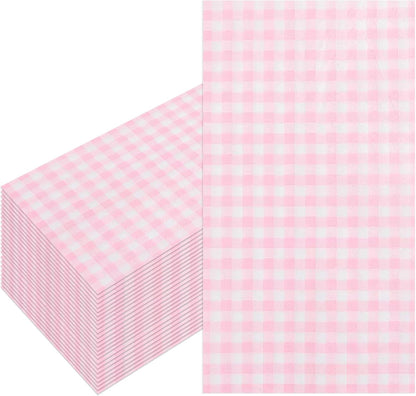 100 Pcs Pink Paper Napkins, 2-Ply Disposable Pink Paper Towels, Pink and White Checkered Guest Napkins, Gingham Napkins for Bathroom, Dinner, Wedding Valentines, Picnic, BBQ, Tea Party, 4.3 x 7.9 Inch
