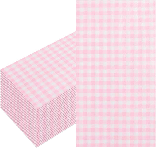 100 Pcs Pink Paper Napkins, 2-Ply Disposable Pink Paper Towels, Pink and White Checkered Guest Napkins, Gingham Napkins for Bathroom, Dinner, Wedding Valentines, Picnic, BBQ, Tea Party, 4.3 x 7.9 Inch