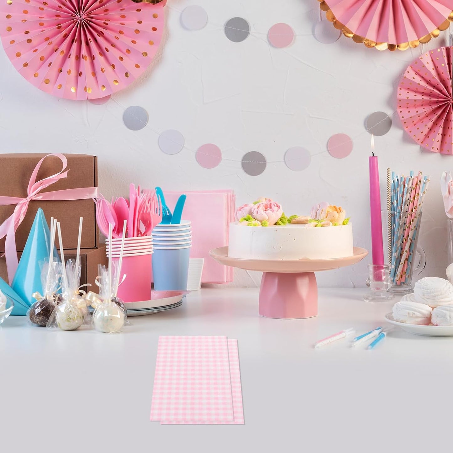 100 Pcs Pink Paper Napkins, 2-Ply Disposable Pink Paper Towels, Pink and White Checkered Guest Napkins, Gingham Napkins for Bathroom, Dinner, Wedding Valentines, Picnic, BBQ, Tea Party, 4.3 x 7.9 Inch