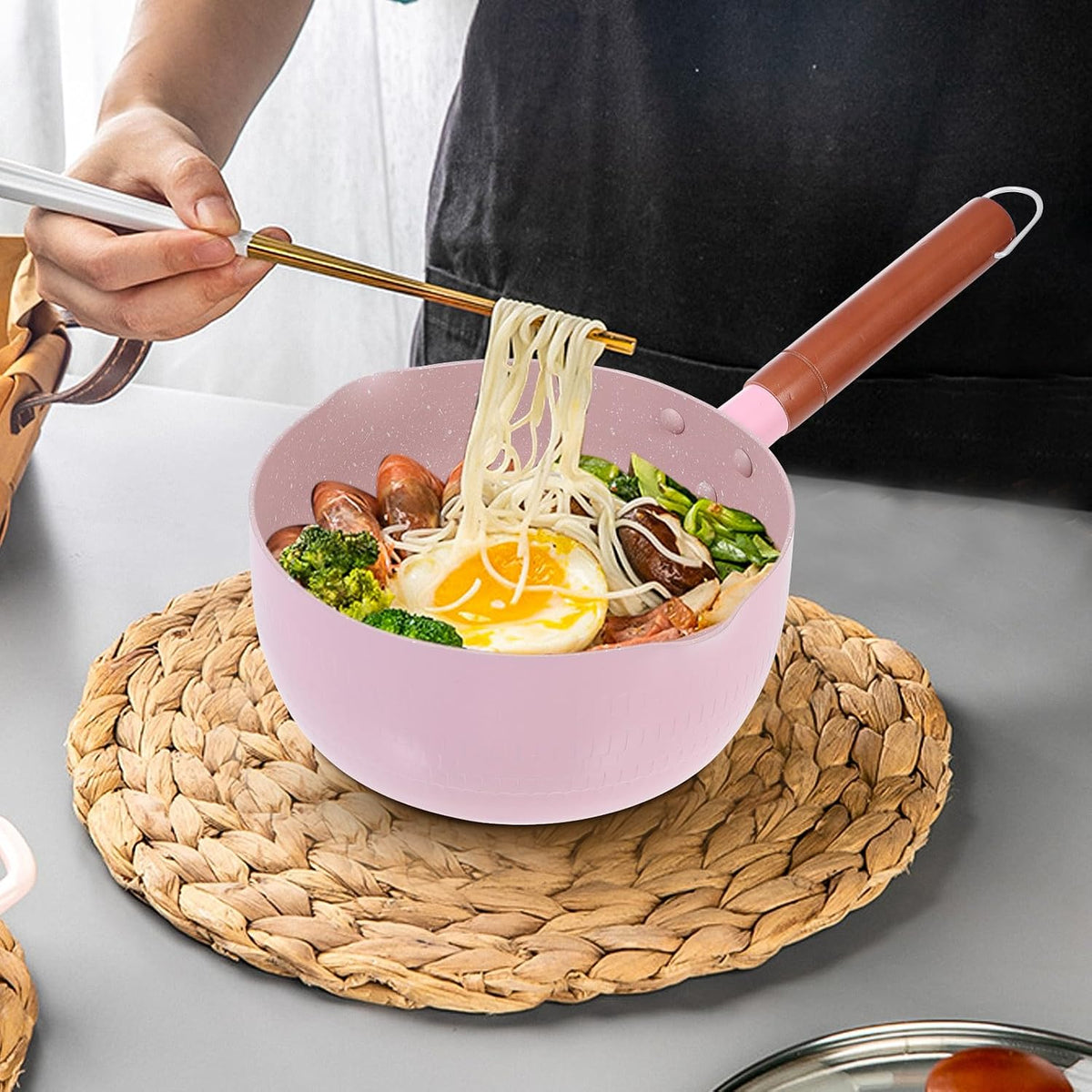 Pink 18cm Maifan Stone Saucepan Food Cooking Pot Milk Warmer Pan Lightweight Aluminum Kitchen Stockpot for Home Use
