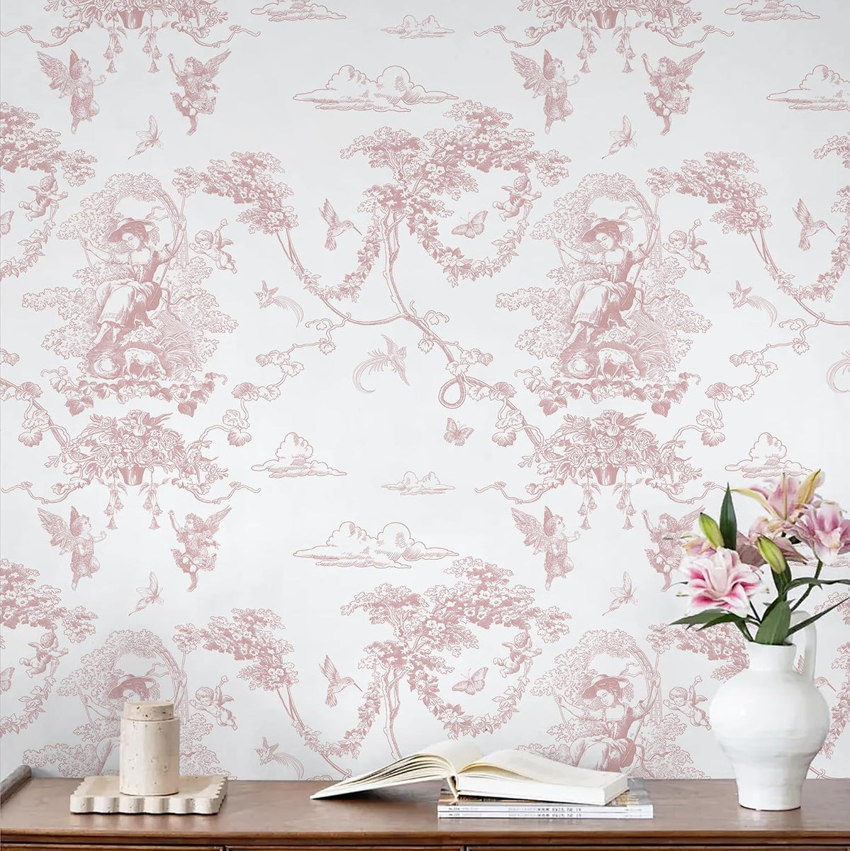 Peel and Stick Wallpaper Pink and White Wallpaper Vintage Toile Wall Paper for Bathroom Bedroom Living Room French Self Adhesive Removable Contact Paper for Cabinets 17.3"×78.7" Vinyl Rolls