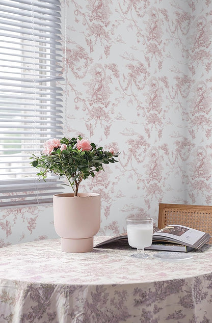Peel and Stick Wallpaper Pink and White Wallpaper Vintage Toile Wall Paper for Bathroom Bedroom Living Room French Self Adhesive Removable Contact Paper for Cabinets 17.3"×78.7" Vinyl Rolls
