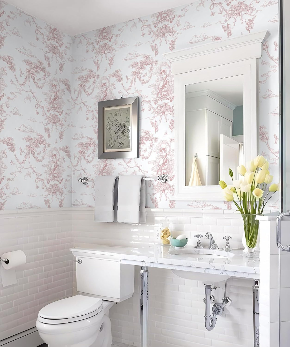 Peel and Stick Wallpaper Pink and White Wallpaper Vintage Toile Wall Paper for Bathroom Bedroom Living Room French Self Adhesive Removable Contact Paper for Cabinets 17.3"×78.7" Vinyl Rolls