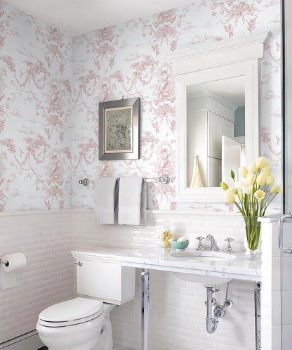 Peel and Stick Wallpaper Pink and White Wallpaper Vintage Toile Wall Paper for Bathroom Bedroom Living Room French Self Adhesive Removable Contact Paper for Cabinets 17.3"×78.7" Vinyl Rolls