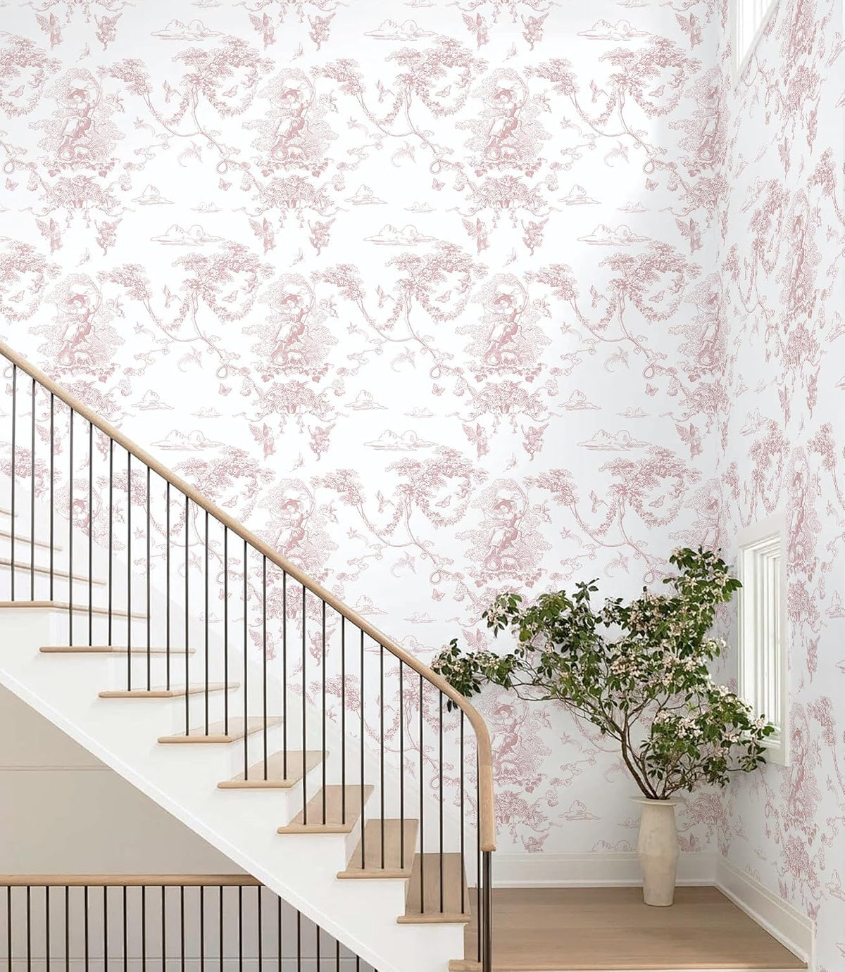 Peel and Stick Wallpaper Pink and White Wallpaper Vintage Toile Wall Paper for Bathroom Bedroom Living Room French Self Adhesive Removable Contact Paper for Cabinets 17.3"×78.7" Vinyl Rolls