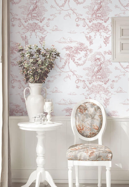 Peel and Stick Wallpaper Pink and White Wallpaper Vintage Toile Wall Paper for Bathroom Bedroom Living Room French Self Adhesive Removable Contact Paper for Cabinets 17.3"×78.7" Vinyl Rolls