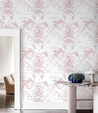 Peel and Stick Wallpaper Pink and White Wallpaper Vintage Toile Wall Paper for Bathroom Bedroom Living Room French Self Adhesive Removable Contact Paper for Cabinets 17.3"×78.7" Vinyl Rolls