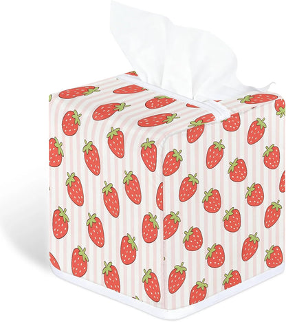 Pink Striped Strawberry Pattern Tissue Box Cover-Machine Washable Decorative Square Box Cover,Suitable for Bedside Tables,Dining Tables,bar counters,Bathroom,Office,Car-Home Decor.