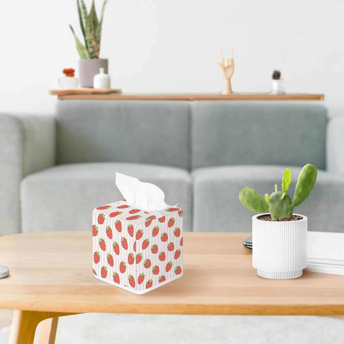 Pink Striped Strawberry Pattern Tissue Box Cover-Machine Washable Decorative Square Box Cover,Suitable for Bedside Tables,Dining Tables,bar counters,Bathroom,Office,Car-Home Decor.