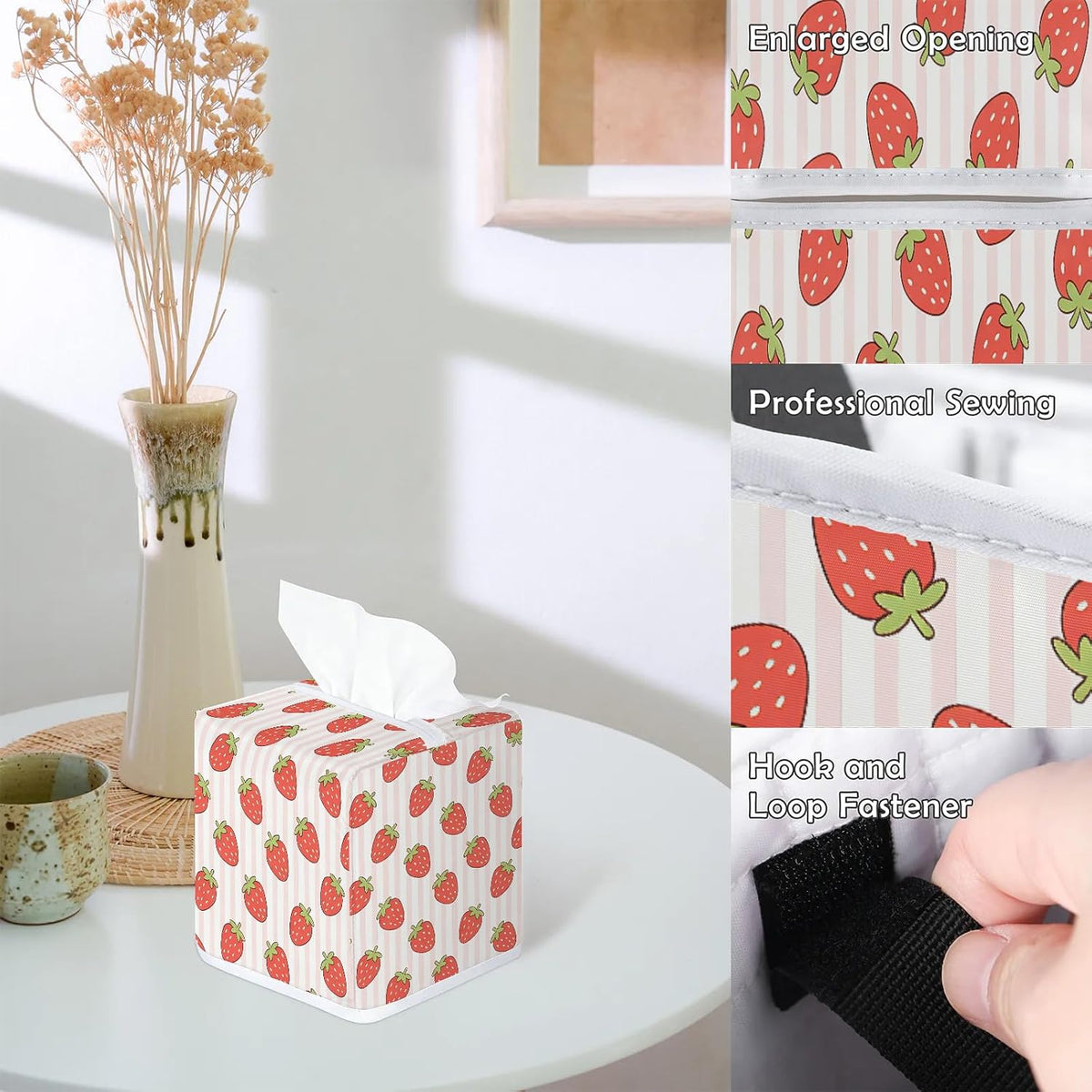 Pink Striped Strawberry Pattern Tissue Box Cover-Machine Washable Decorative Square Box Cover,Suitable for Bedside Tables,Dining Tables,bar counters,Bathroom,Office,Car-Home Decor.