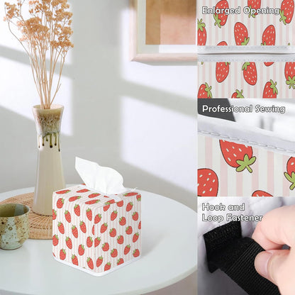 Pink Striped Strawberry Pattern Tissue Box Cover-Machine Washable Decorative Square Box Cover,Suitable for Bedside Tables,Dining Tables,bar counters,Bathroom,Office,Car-Home Decor.