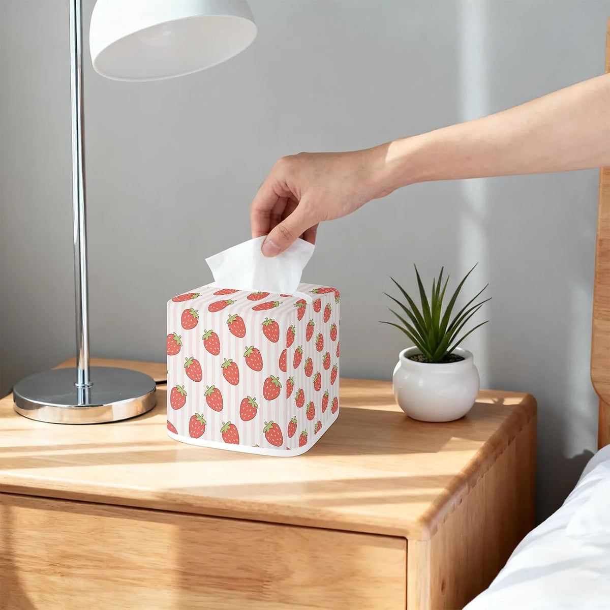 Pink Striped Strawberry Pattern Tissue Box Cover-Machine Washable Decorative Square Box Cover,Suitable for Bedside Tables,Dining Tables,bar counters,Bathroom,Office,Car-Home Decor.