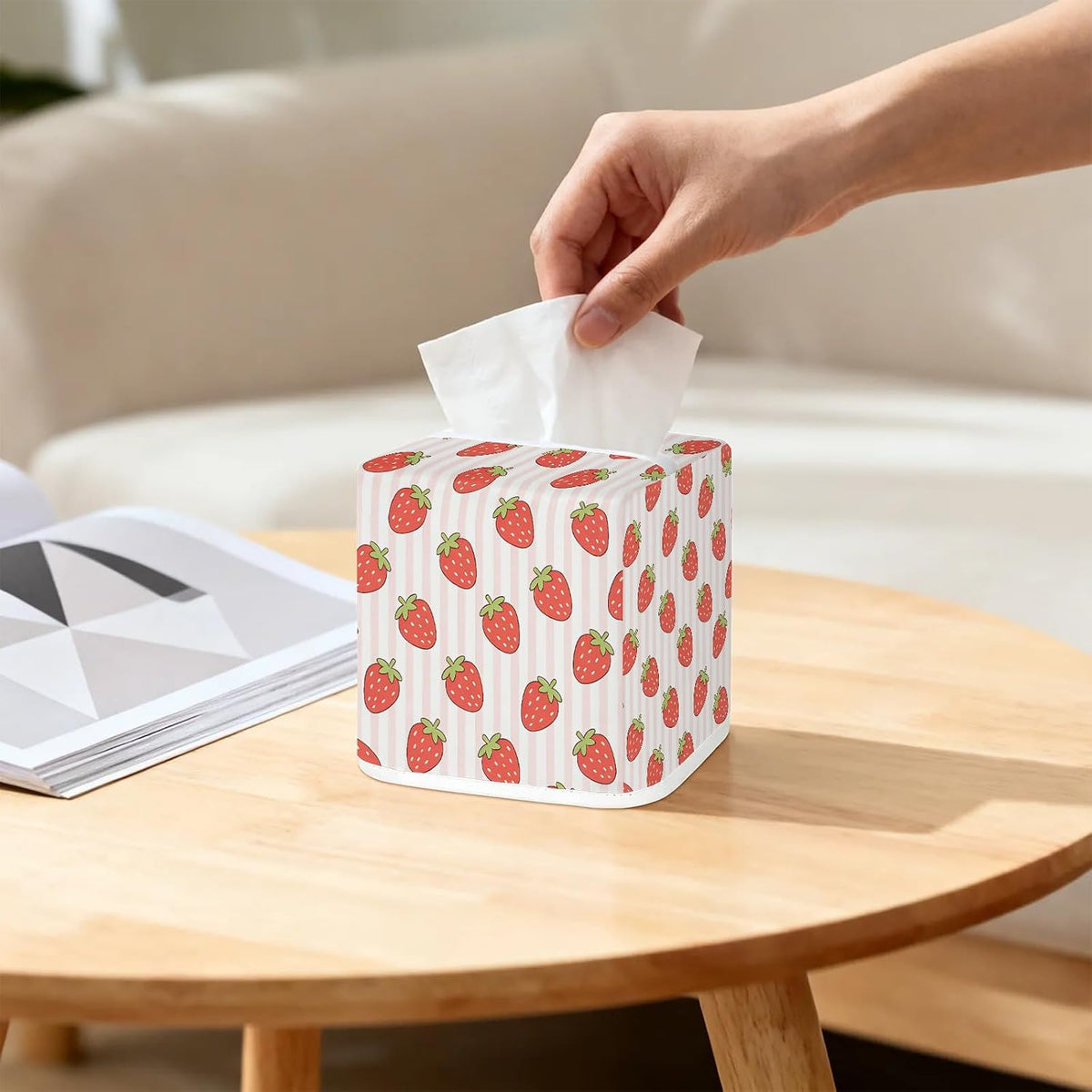 Pink Striped Strawberry Pattern Tissue Box Cover-Machine Washable Decorative Square Box Cover,Suitable for Bedside Tables,Dining Tables,bar counters,Bathroom,Office,Car-Home Decor.