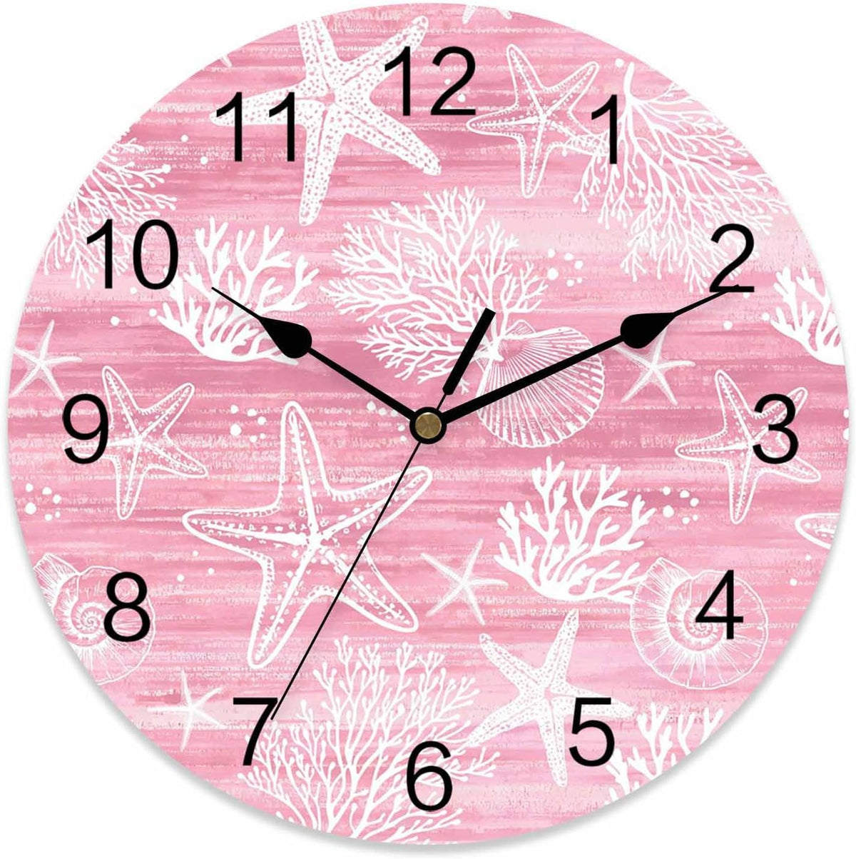 Pink Coastal Wall Clocks Silent Battery Operated PVC Round Clock for Wall Home Decor Summer Beach Starfish Ocean Coral Hanging Clocks for Kitchen Living Room Bedroom 10" x 10"