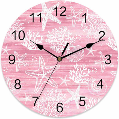 Pink Coastal Wall Clocks Silent Battery Operated PVC Round Clock for Wall Home Decor Summer Beach Starfish Ocean Coral Hanging Clocks for Kitchen Living Room Bedroom 10" x 10"
