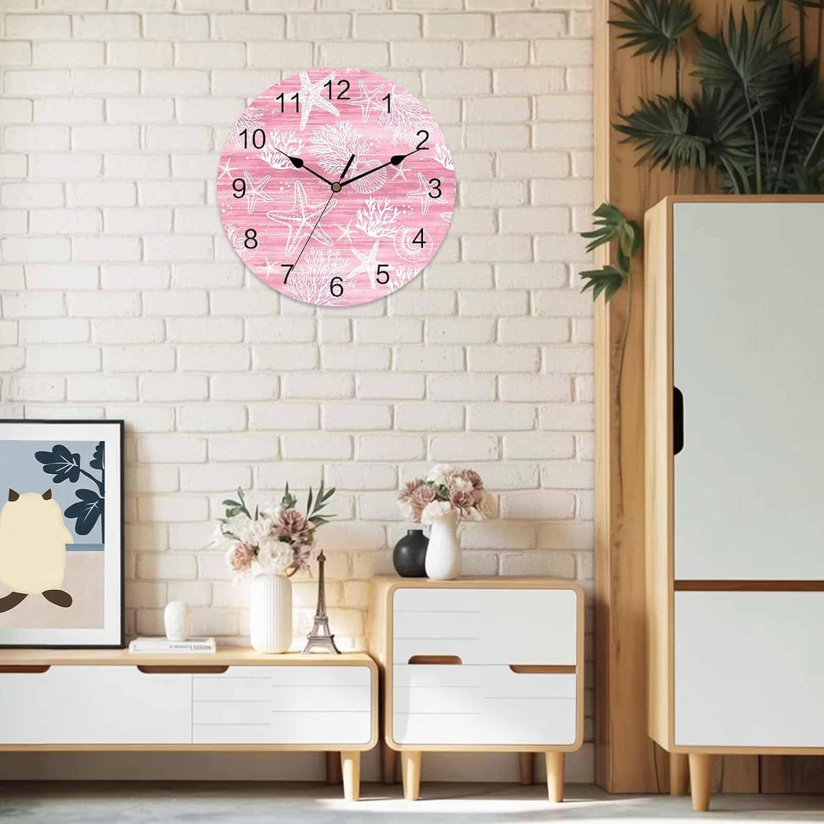 Pink Coastal Wall Clocks Silent Battery Operated PVC Round Clock for Wall Home Decor Summer Beach Starfish Ocean Coral Hanging Clocks for Kitchen Living Room Bedroom 10" x 10"