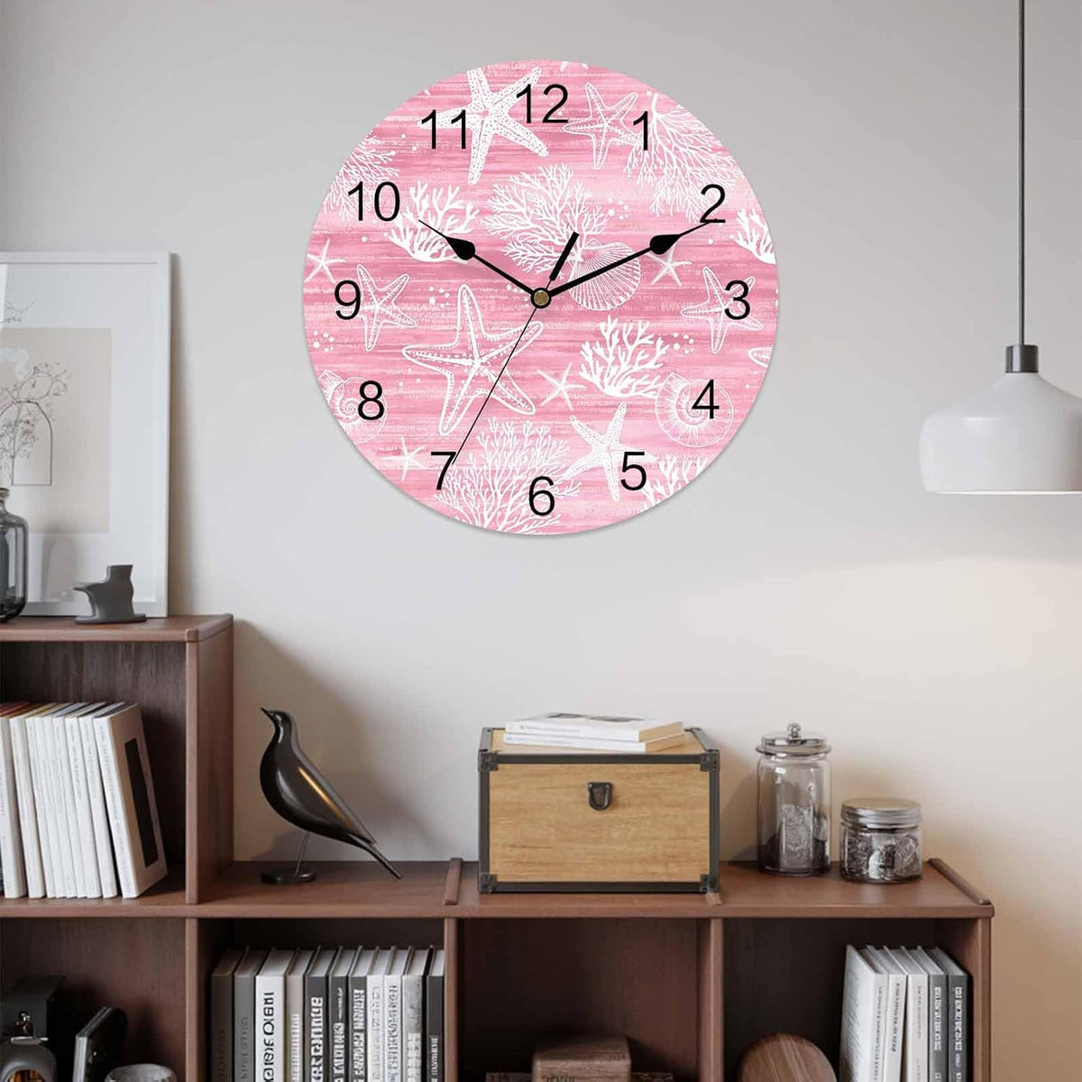 Pink Coastal Wall Clocks Silent Battery Operated PVC Round Clock for Wall Home Decor Summer Beach Starfish Ocean Coral Hanging Clocks for Kitchen Living Room Bedroom 10" x 10"