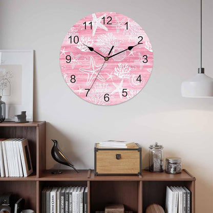 Pink Coastal Wall Clocks Silent Battery Operated PVC Round Clock for Wall Home Decor Summer Beach Starfish Ocean Coral Hanging Clocks for Kitchen Living Room Bedroom 10" x 10"