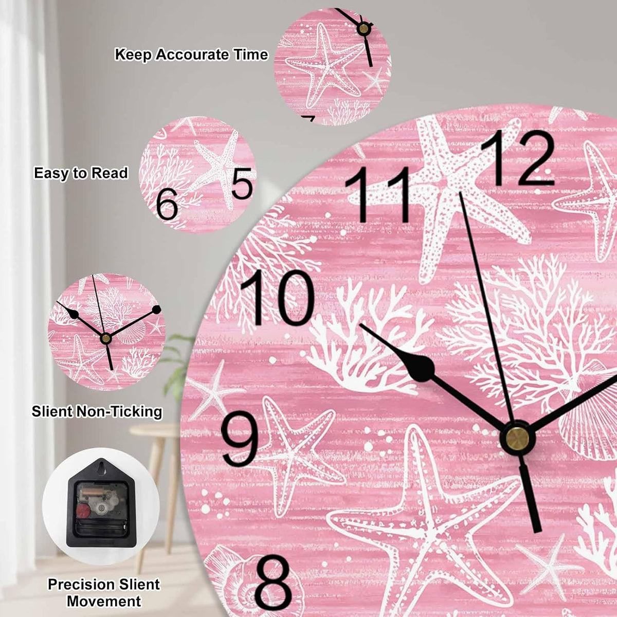 Pink Coastal Wall Clocks Silent Battery Operated PVC Round Clock for Wall Home Decor Summer Beach Starfish Ocean Coral Hanging Clocks for Kitchen Living Room Bedroom 10" x 10"