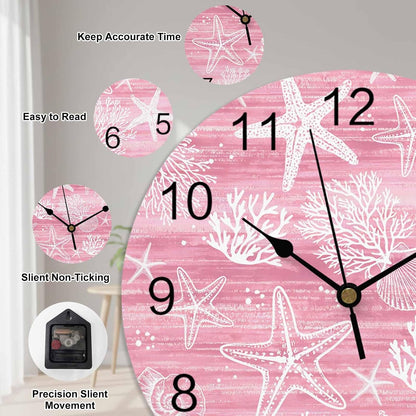 Pink Coastal Wall Clocks Silent Battery Operated PVC Round Clock for Wall Home Decor Summer Beach Starfish Ocean Coral Hanging Clocks for Kitchen Living Room Bedroom 10" x 10"