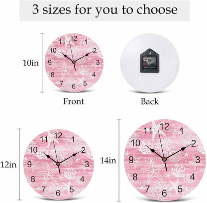 Pink Coastal Wall Clocks Silent Battery Operated PVC Round Clock for Wall Home Decor Summer Beach Starfish Ocean Coral Hanging Clocks for Kitchen Living Room Bedroom 10" x 10"