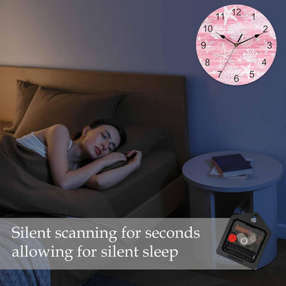Pink Coastal Wall Clocks Silent Battery Operated PVC Round Clock for Wall Home Decor Summer Beach Starfish Ocean Coral Hanging Clocks for Kitchen Living Room Bedroom 10" x 10"