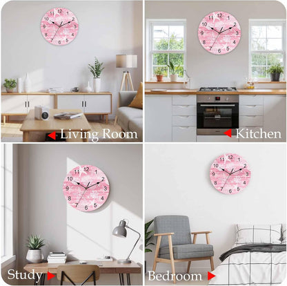 Pink Coastal Wall Clocks Silent Battery Operated PVC Round Clock for Wall Home Decor Summer Beach Starfish Ocean Coral Hanging Clocks for Kitchen Living Room Bedroom 10" x 10"