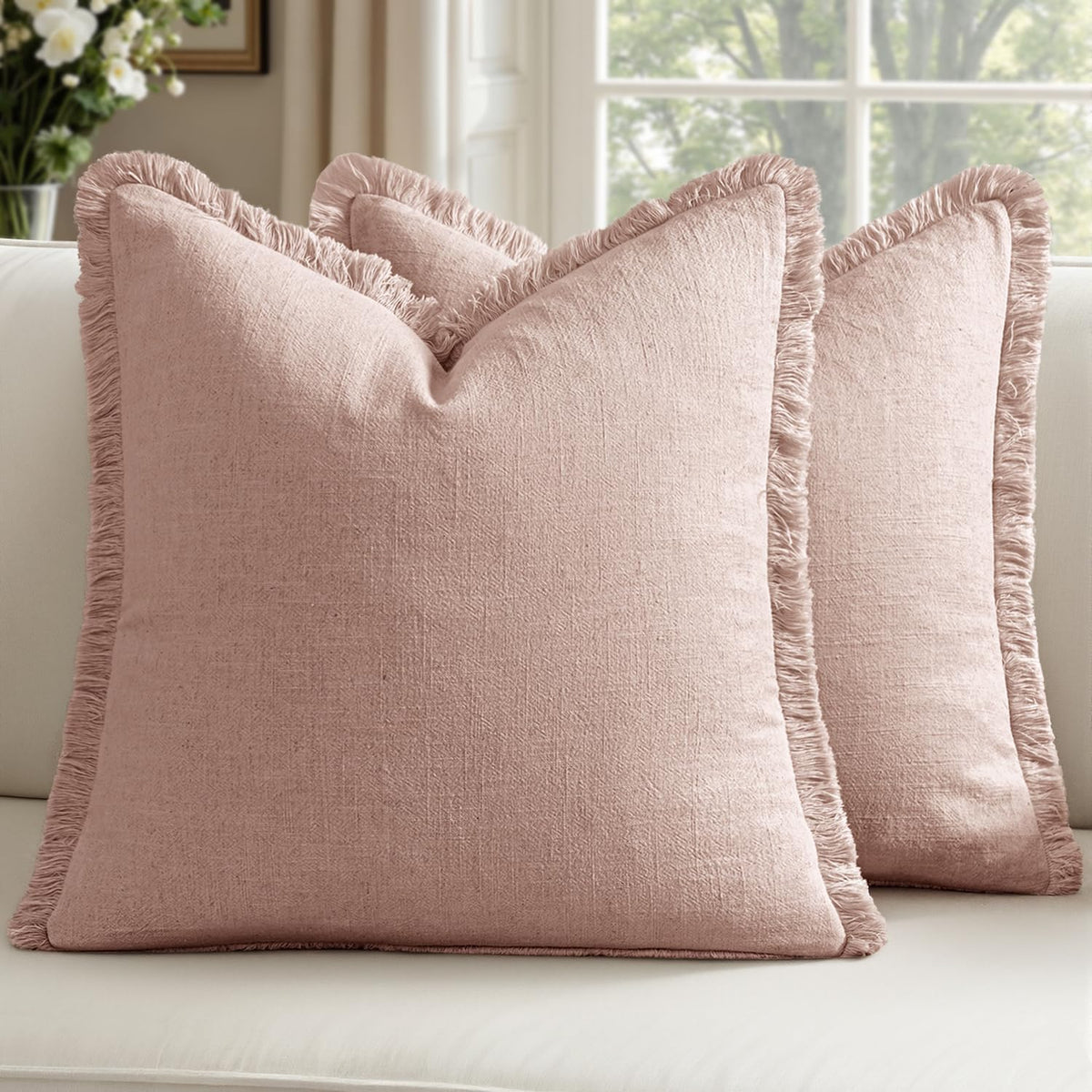 Linen Fringe Throw Pillow Covers 18x18 Inch Set of 2,Light Pink