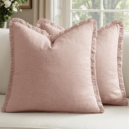 Linen Fringe Throw Pillow Covers 18x18 Inch Set of 2,Light Pink