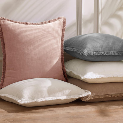 Linen Fringe Throw Pillow Covers 18x18 Inch Set of 2,Light Pink