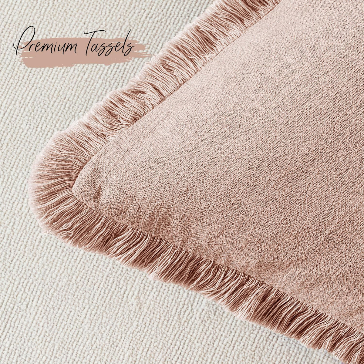 Linen Fringe Throw Pillow Covers 18x18 Inch Set of 2,Light Pink
