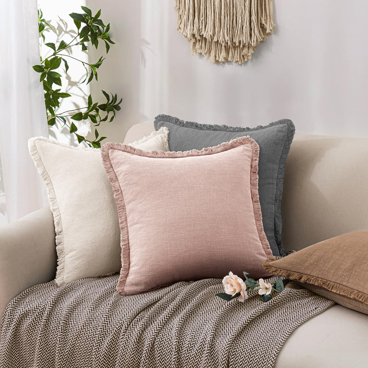 Linen Fringe Throw Pillow Covers 18x18 Inch Set of 2,Light Pink