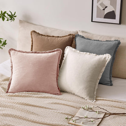 Linen Fringe Throw Pillow Covers 18x18 Inch Set of 2,Light Pink