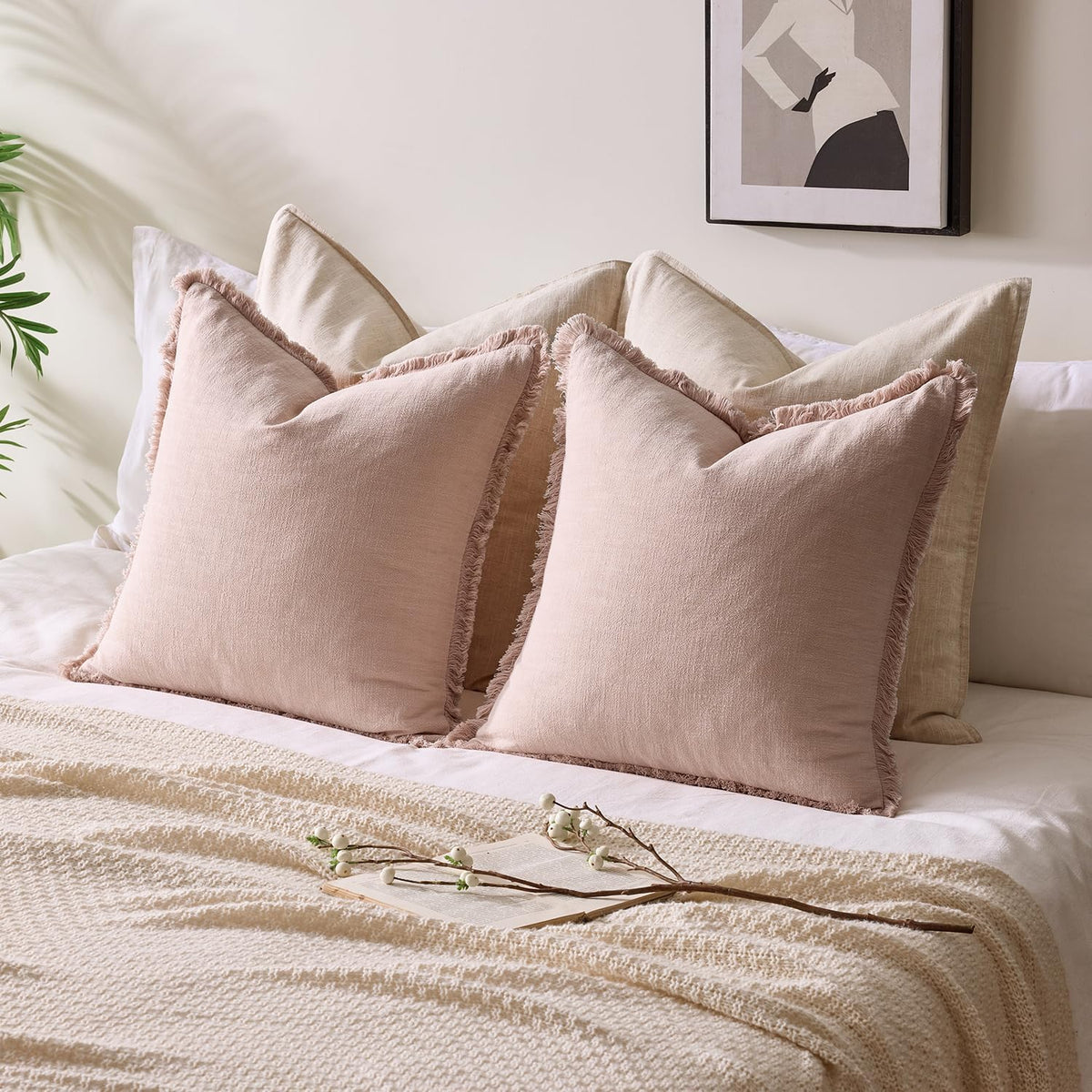 Linen Fringe Throw Pillow Covers 18x18 Inch Set of 2,Light Pink