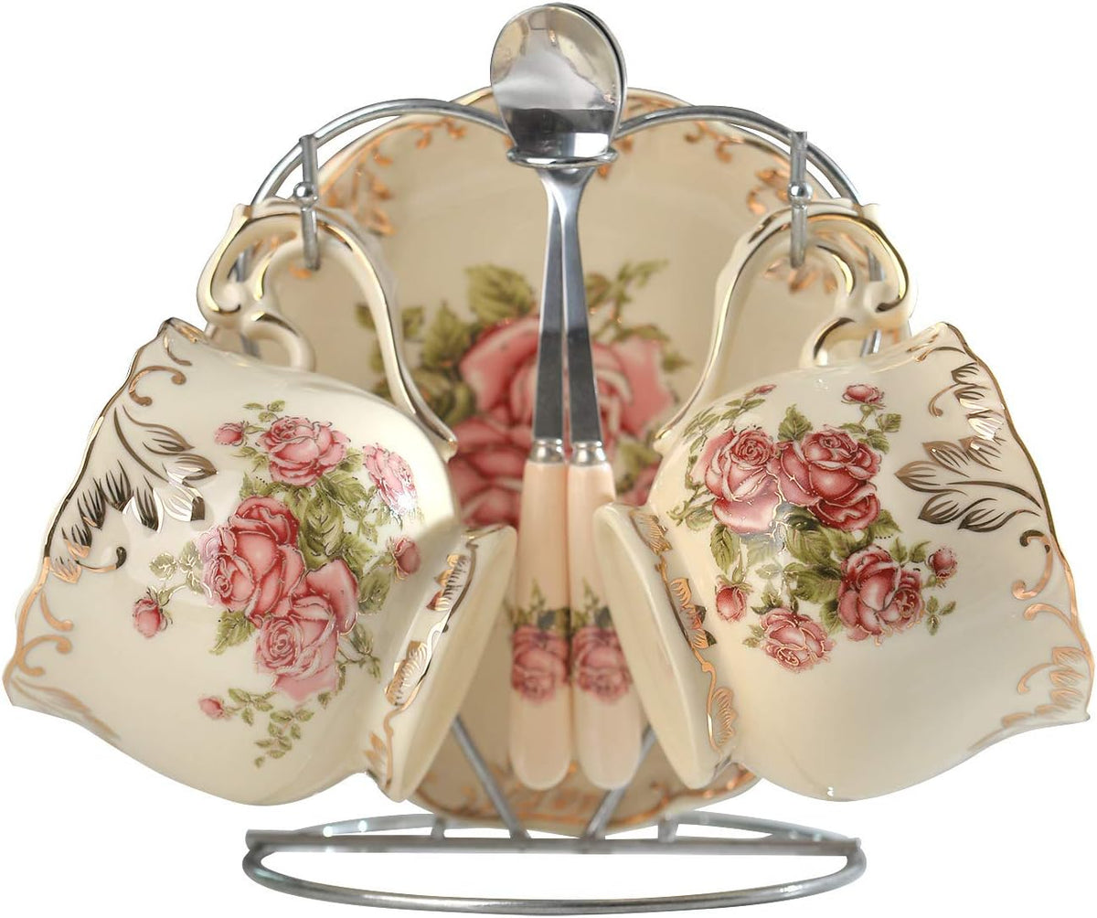 Tea Cups and Saucers Set of 2, 8 OZ Pink Rose Tea Cups Set