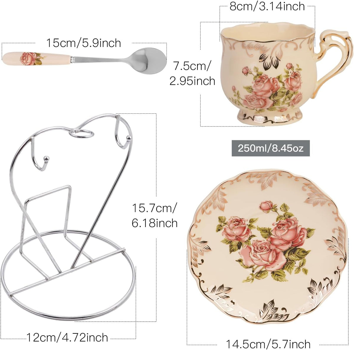 Tea Cups and Saucers Set of 2, 8 OZ Pink Rose Tea Cups Set