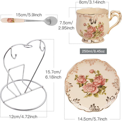 Tea Cups and Saucers Set of 2, 8 OZ Pink Rose Tea Cups Set