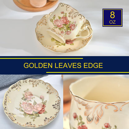 Tea Cups and Saucers Set of 2, 8 OZ Pink Rose Tea Cups Set