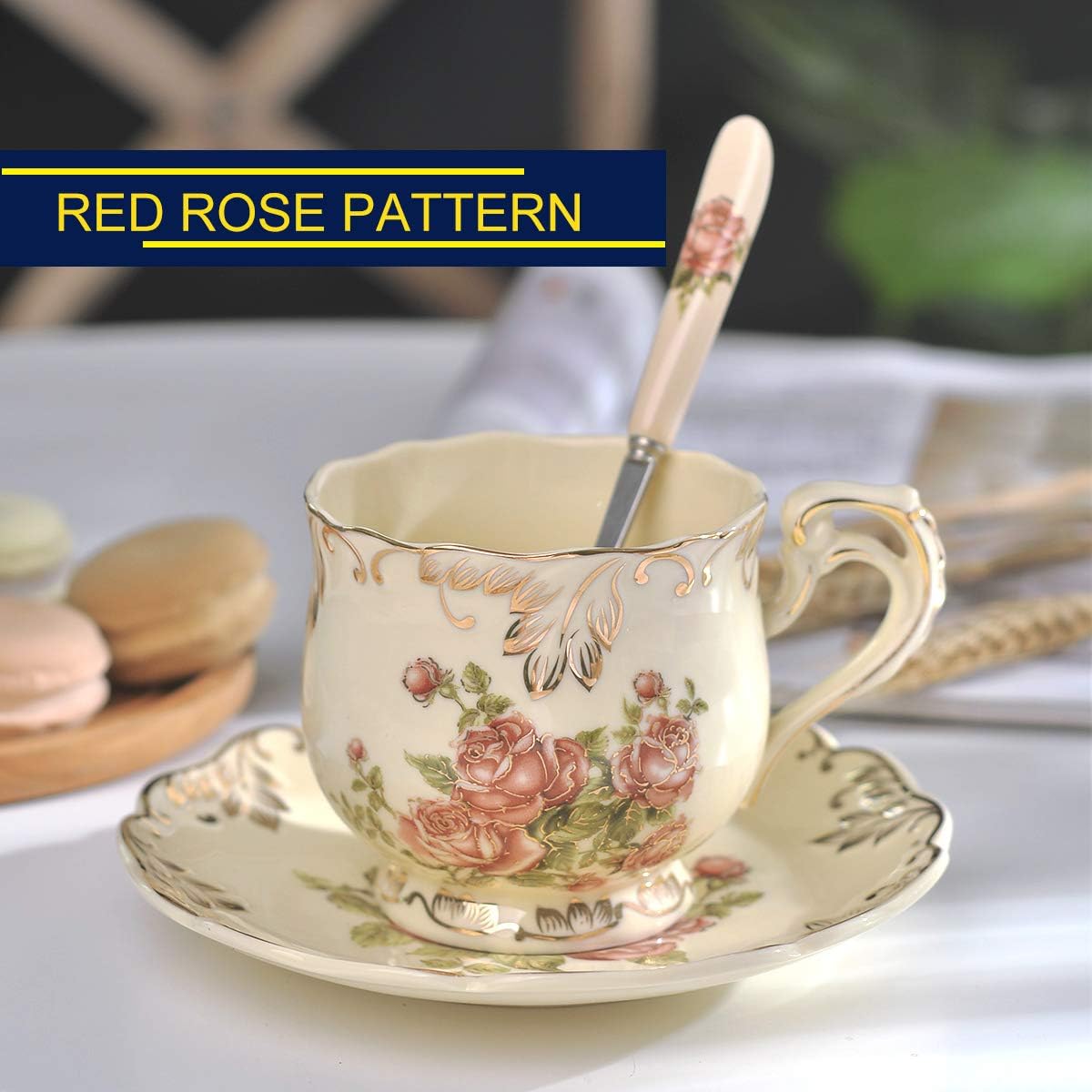 Tea Cups and Saucers Set of 2, 8 OZ Pink Rose Tea Cups Set